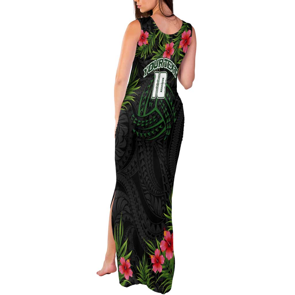 Custom Hawaii Volleyball Tank Maxi Dress Kakau Abstract and Tropical Plants Black Color - Polynesian Pride