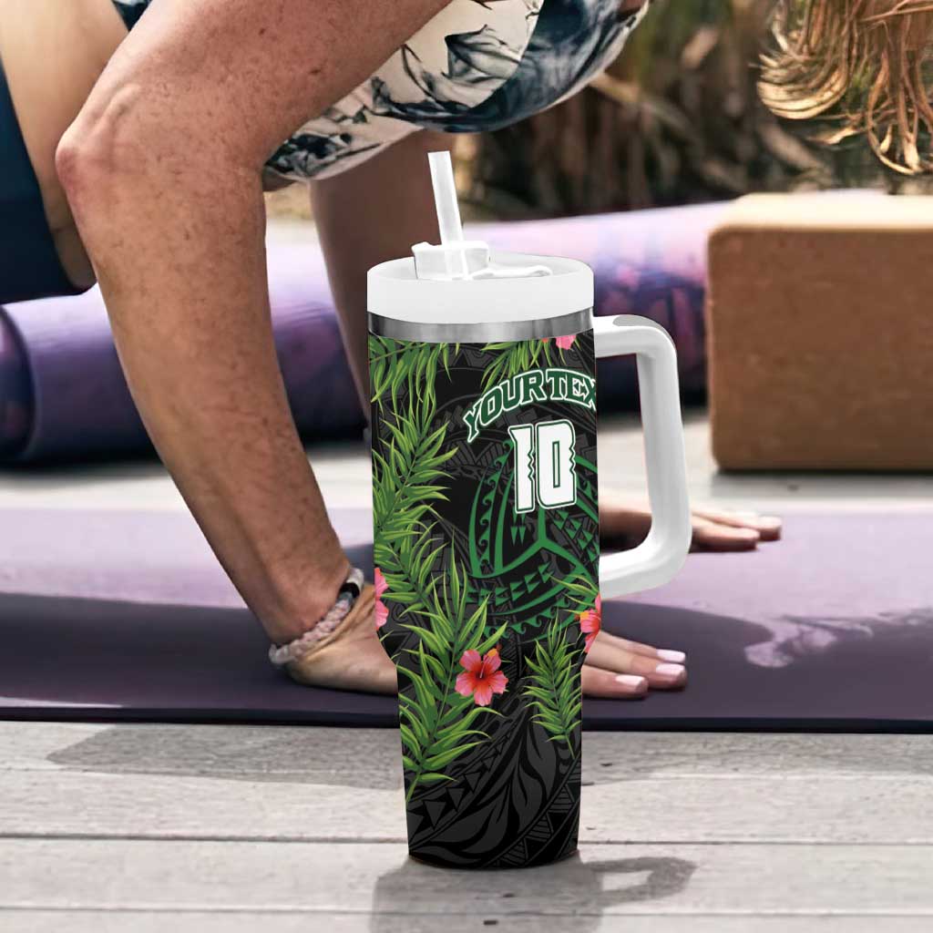 Custom Hawaii Volleyball Tumbler With Handle Kakau Abstract and Tropical Plants Black Color - Polynesian Pride