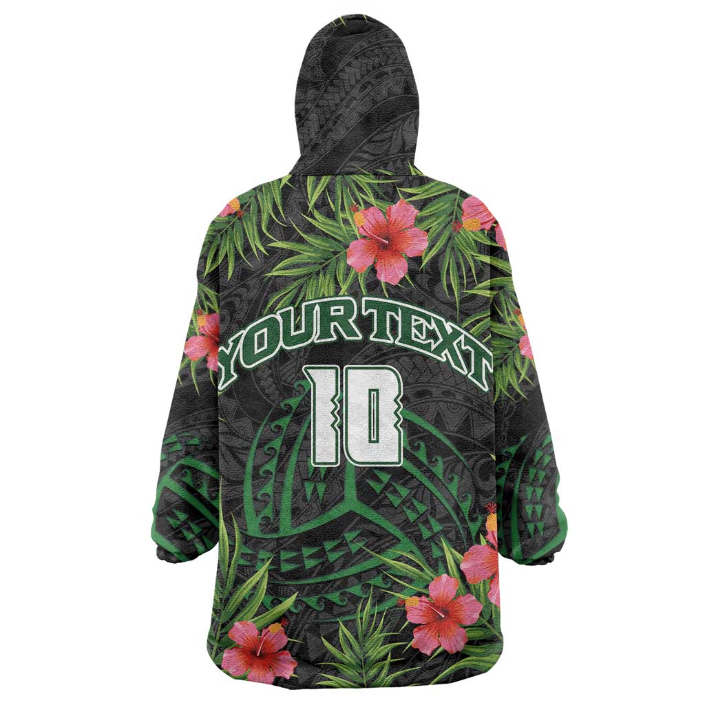 Custom Hawaii Volleyball Wearable Blanket Hoodie Kakau Abstract and Tropical Plants Black Color LT03 - Polynesian Pride