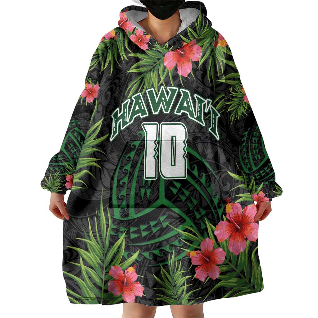 Custom Hawaii Volleyball Wearable Blanket Hoodie Kakau Abstract and Tropical Plants Black Color LT03 - Polynesian Pride