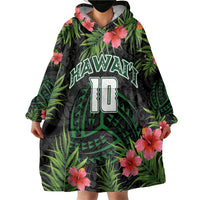 Custom Hawaii Volleyball Wearable Blanket Hoodie Kakau Abstract and Tropical Plants Black Color LT03 - Polynesian Pride