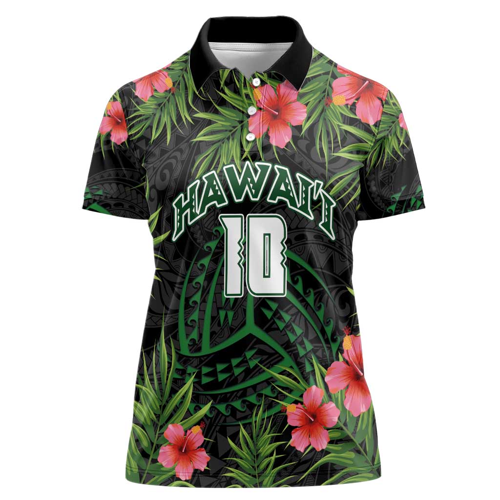 Custom Hawaii Volleyball Women Polo Shirt Kakau Abstract and Tropical Plants Black Color - Polynesian Pride