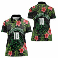Custom Hawaii Volleyball Women Polo Shirt Kakau Abstract and Tropical Plants Black Color - Polynesian Pride