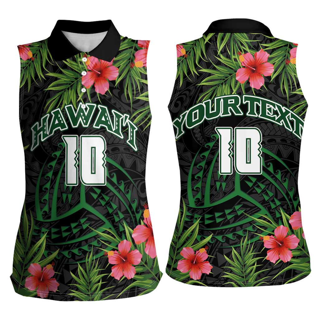 Custom Hawaii Volleyball Women Sleeveless Polo Shirt Kakau Abstract and Tropical Plants Black Color LT03 - Polynesian Pride