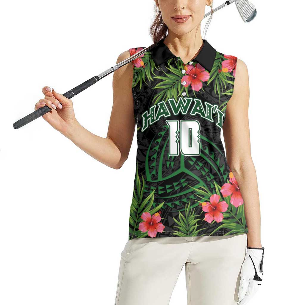 Custom Hawaii Volleyball Women Sleeveless Polo Shirt Kakau Abstract and Tropical Plants Black Color LT03 - Polynesian Pride