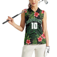 Custom Hawaii Volleyball Women Sleeveless Polo Shirt Kakau Abstract and Tropical Plants Black Color LT03 - Polynesian Pride