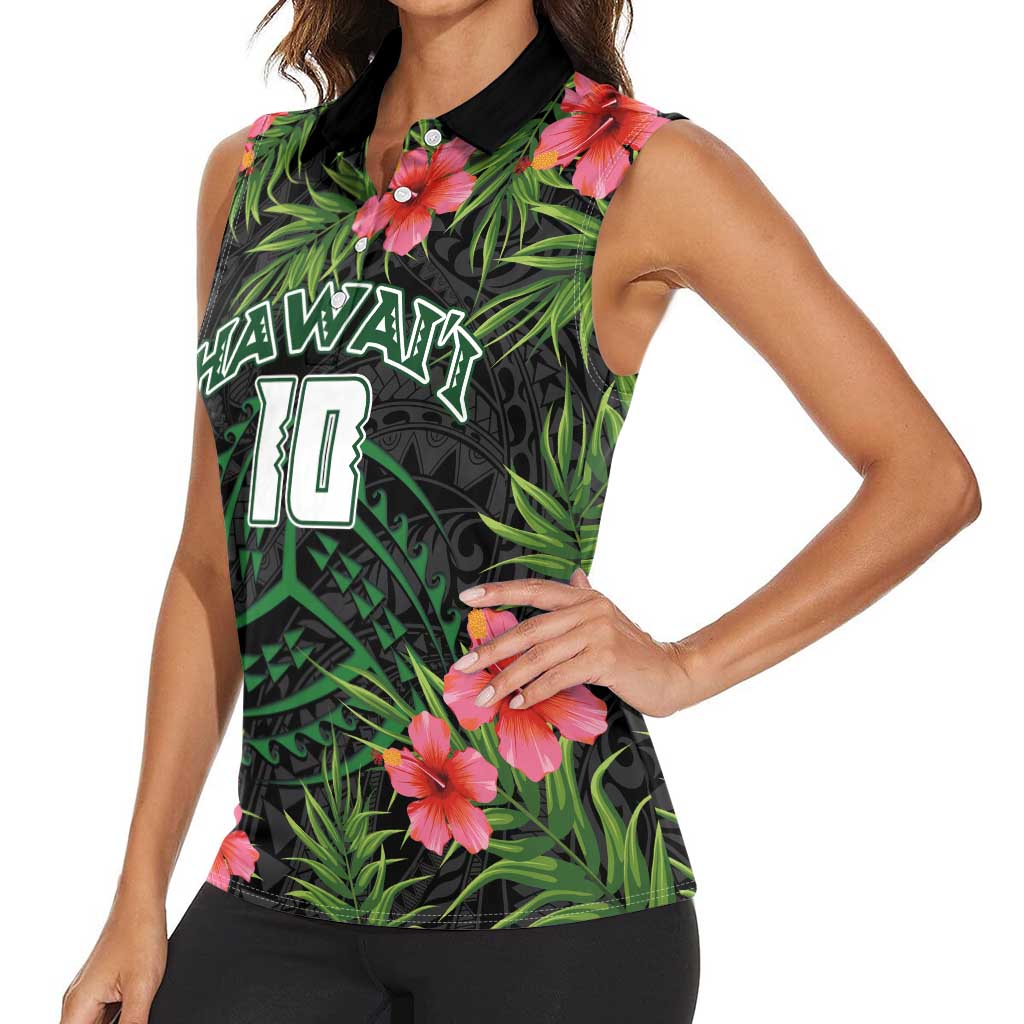 Custom Hawaii Volleyball Women Sleeveless Polo Shirt Kakau Abstract and Tropical Plants Black Color LT03 - Polynesian Pride