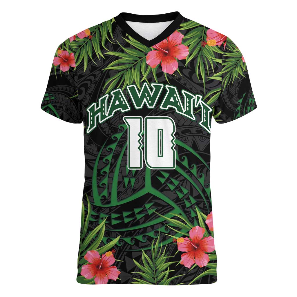 Custom Hawaii Volleyball Women V-Neck T-Shirt Kakau Abstract and Tropical Plants Black Color LT03 Female Black - Polynesian Pride