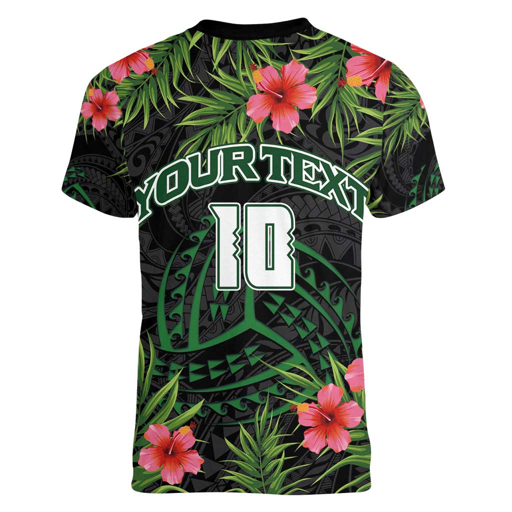 Custom Hawaii Volleyball Women V-Neck T-Shirt Kakau Abstract and Tropical Plants Black Color LT03 - Polynesian Pride