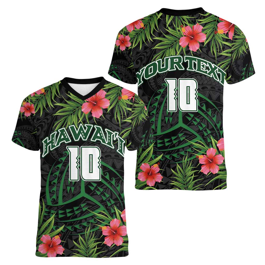 Custom Hawaii Volleyball Women V-Neck T-Shirt Kakau Abstract and Tropical Plants Black Color LT03 - Polynesian Pride