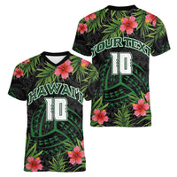 Custom Hawaii Volleyball Women V-Neck T-Shirt Kakau Abstract and Tropical Plants Black Color LT03 - Polynesian Pride