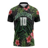 Custom Hawaii Volleyball Zipper Polo Shirt Kakau Abstract and Tropical Plants Black Color LT03 Black - Polynesian Pride