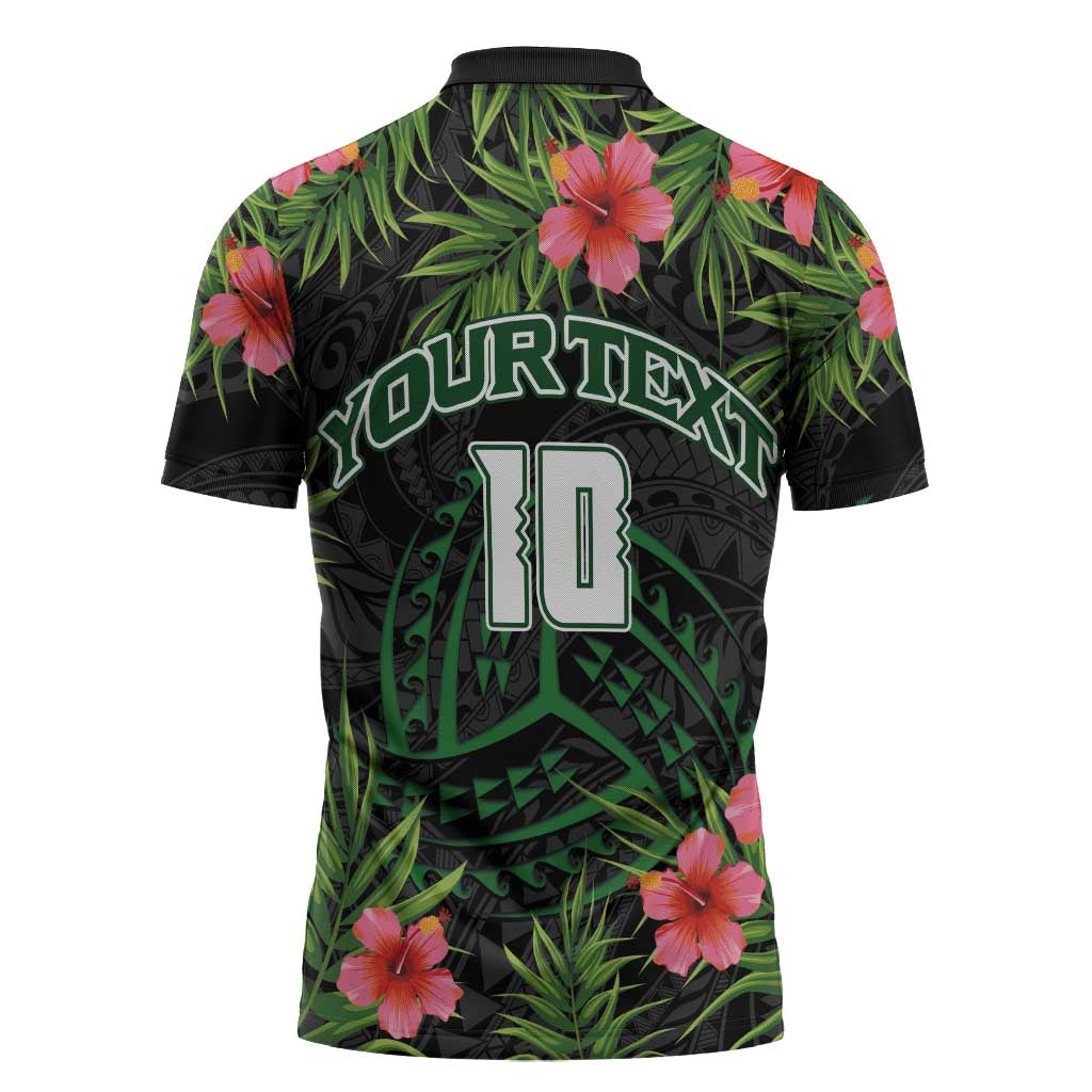 Custom Hawaii Volleyball Zipper Polo Shirt Kakau Abstract and Tropical Plants Black Color LT03 - Polynesian Pride