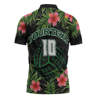Custom Hawaii Volleyball Zipper Polo Shirt Kakau Abstract and Tropical Plants Black Color LT03 - Polynesian Pride