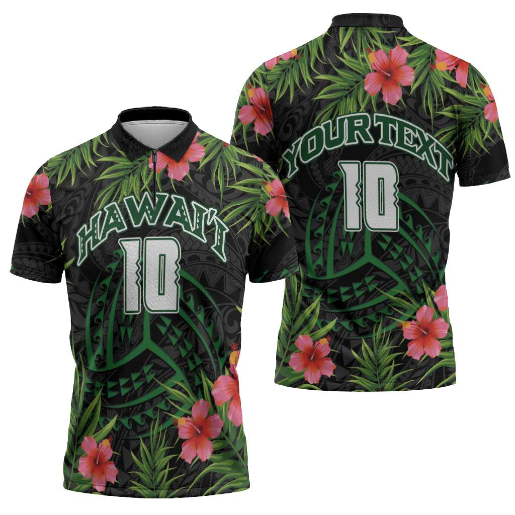 Custom Hawaii Volleyball Zipper Polo Shirt Kakau Abstract and Tropical Plants Black Color LT03 - Polynesian Pride