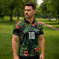 Custom Hawaii Volleyball Zipper Polo Shirt Kakau Abstract and Tropical Plants Black Color LT03 - Polynesian Pride