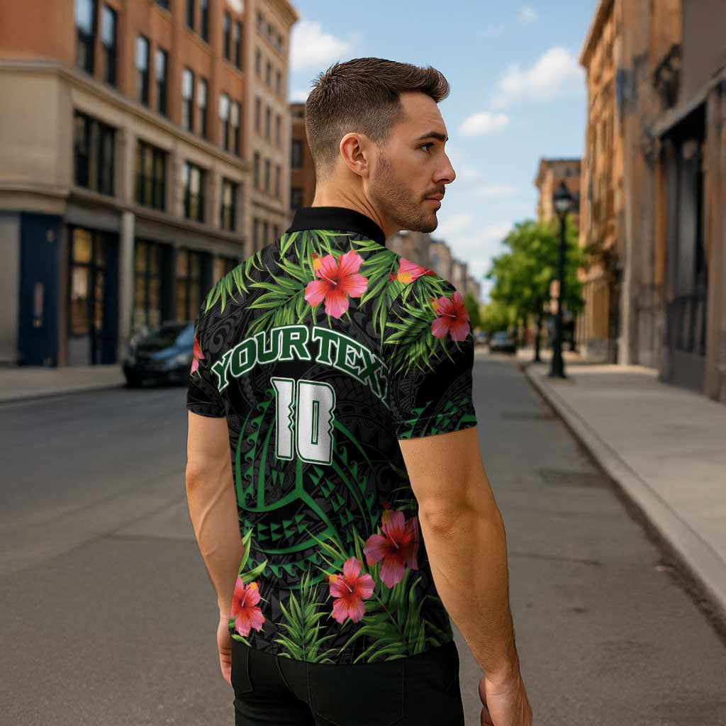 Custom Hawaii Volleyball Zipper Polo Shirt Kakau Abstract and Tropical Plants Black Color LT03 - Polynesian Pride