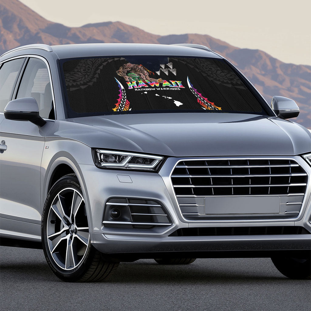 Hawaii Rainbow Warriors Auto Sun Shade Kakau Shark Tooth and Polynesian Art Tattoo LT03 - Polynesian Pride
