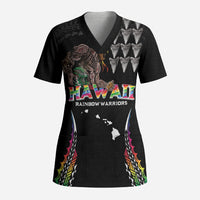 Custom Hawaii Rainbow Warriors Scrub Top Kakau Shark Tooth and Polynesian Art Tattoo LT03 Adult Black - Polynesian Pride