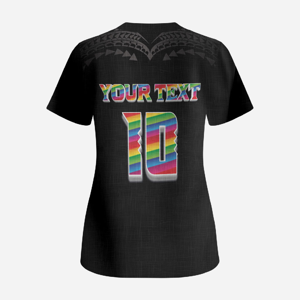 Custom Hawaii Rainbow Warriors Scrub Top Kakau Shark Tooth and Polynesian Art Tattoo LT03 - Polynesian Pride