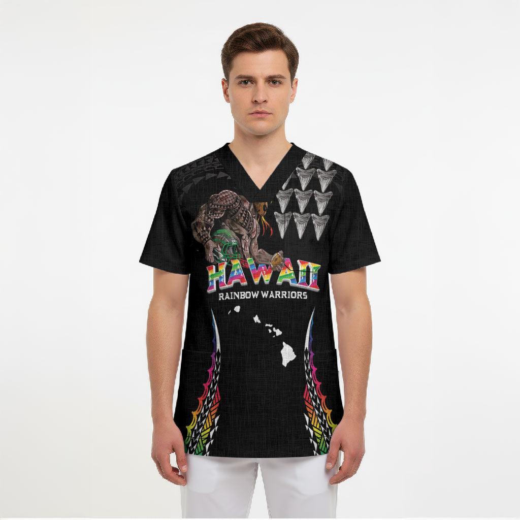 Custom Hawaii Rainbow Warriors Scrub Top Kakau Shark Tooth and Polynesian Art Tattoo LT03 - Polynesian Pride