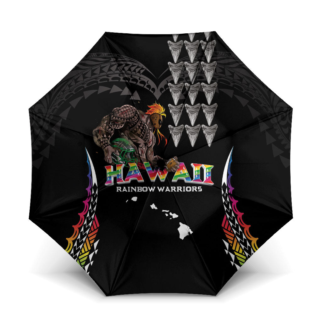 Hawaii Rainbow Warriors Umbrella Kakau Shark Tooth and Polynesian Art Tattoo LT03 One Size Folded 11.42 inch Opened Diameter 37.4 inch Black - Polynesian Pride