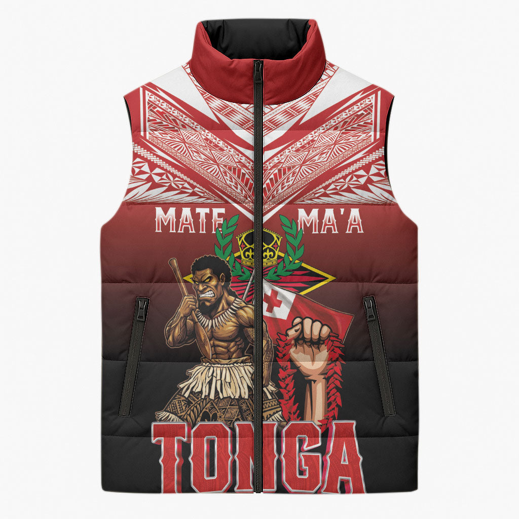 Mate Ma'a Tonga Sleeveless Puffer Jacket Traditional Warrior and Ngatu Art Pattern LT03 Unisex Red - Polynesian Pride