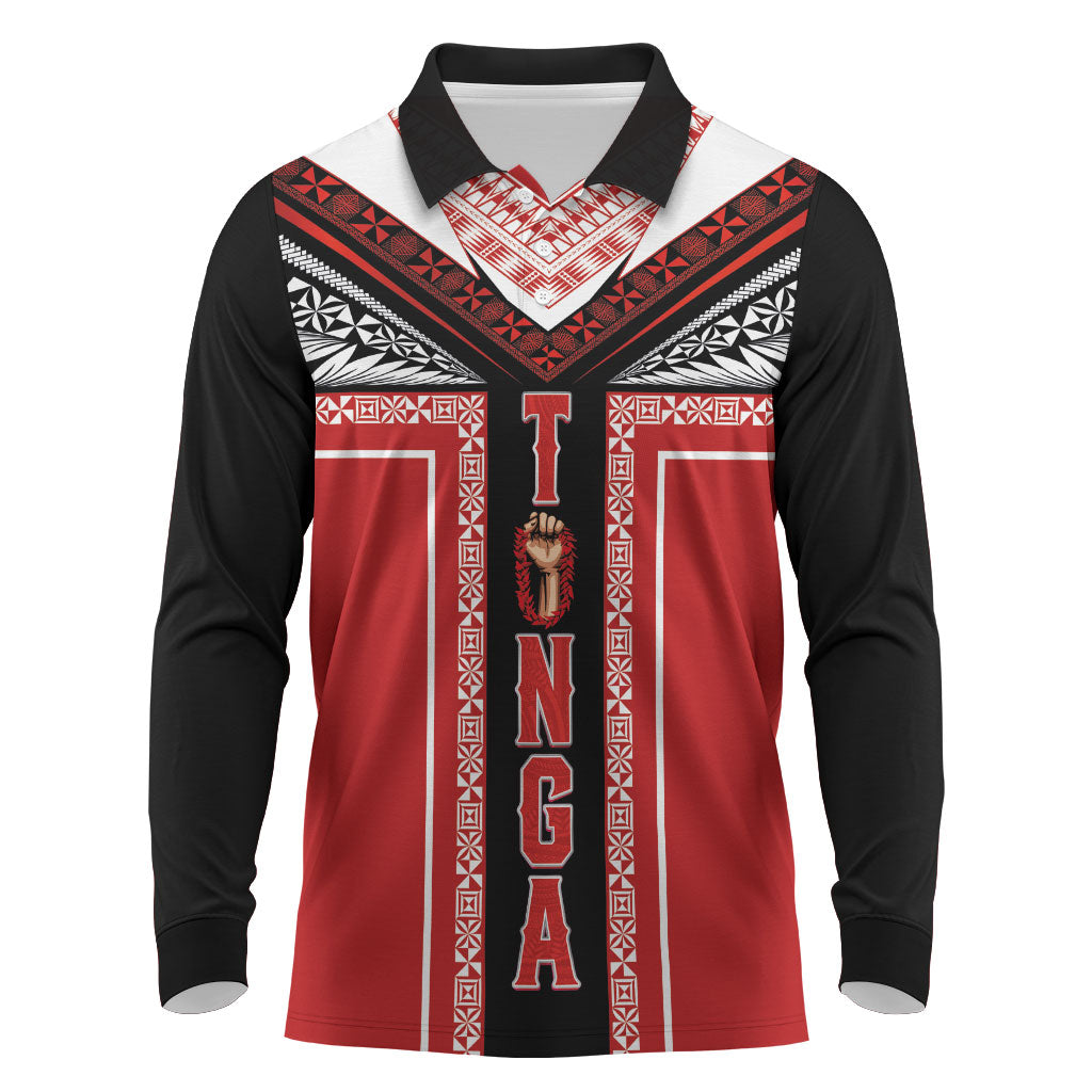Tonga Long Sleeve Polo Shirt Tribal Pacific Ngatu Motif LT03 Red - Polynesian Pride