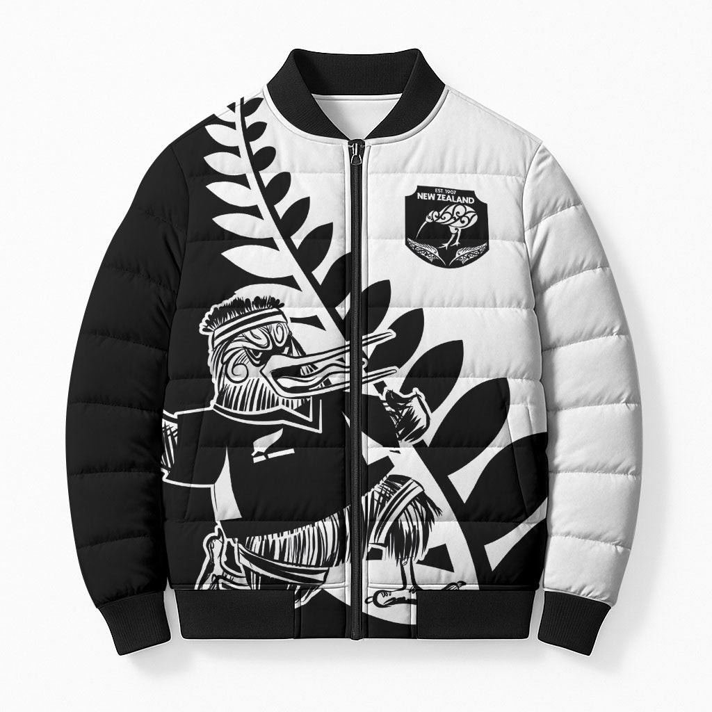 Custom Aotearoa Rugby League Bomber Puffer Jacket Kiwi Haka and Fern - Sporty Style LT03 Unisex Black - Polynesian Pride