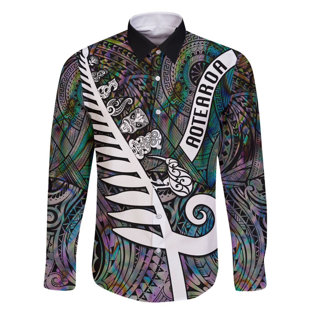 New Zealand Family Matching Off Shoulder Short Dress and Hawaiian Shirt Aotearoa Symbols With Silver Fern LT03 Dad's Shirt - Long Sleeve Black - Polynesian Pride
