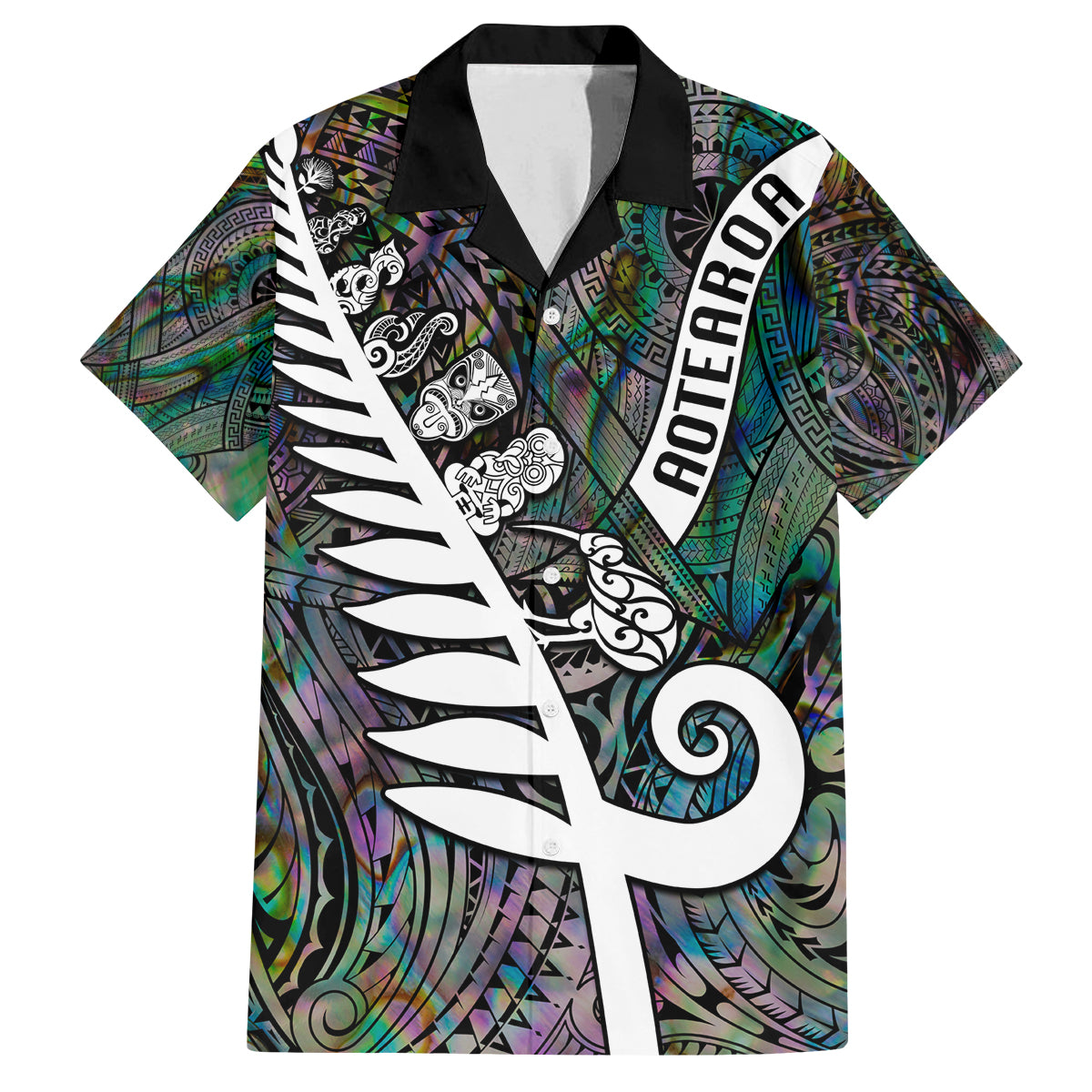 New Zealand Family Matching Tank Maxi Dress and Hawaiian Shirt Aotearoa Symbols With Silver Fern LT03 Dad's Shirt - Short Sleeve Black - Polynesian Pride