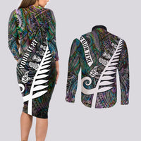 Personalized New Zealand Couples Matching Long Sleeve Bodycon Dress and Long Sleeve Button Shirt Aotearoa Symbols With Silver Fern LT03 - Polynesian Pride