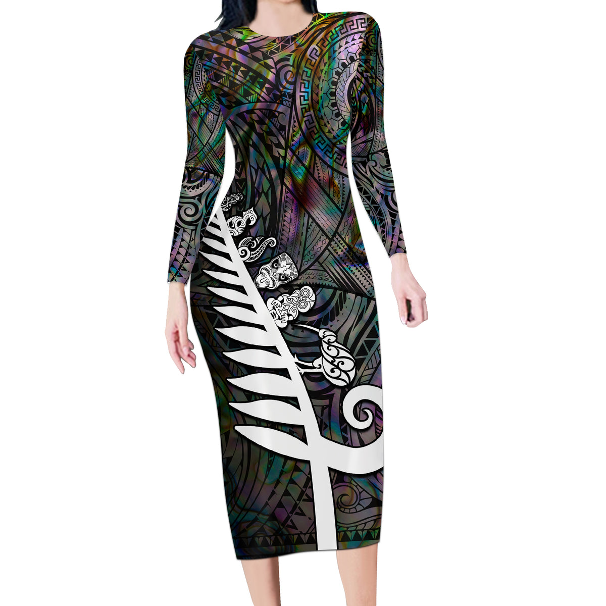 Personalized New Zealand Long Sleeve Bodycon Dress Aotearoa Symbols With Silver Fern LT03 Long Dress Black - Polynesian Pride
