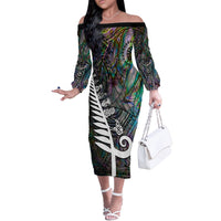 Personalized New Zealand Off The Shoulder Long Sleeve Dress Aotearoa Symbols With Silver Fern LT03 Women Black - Polynesian Pride