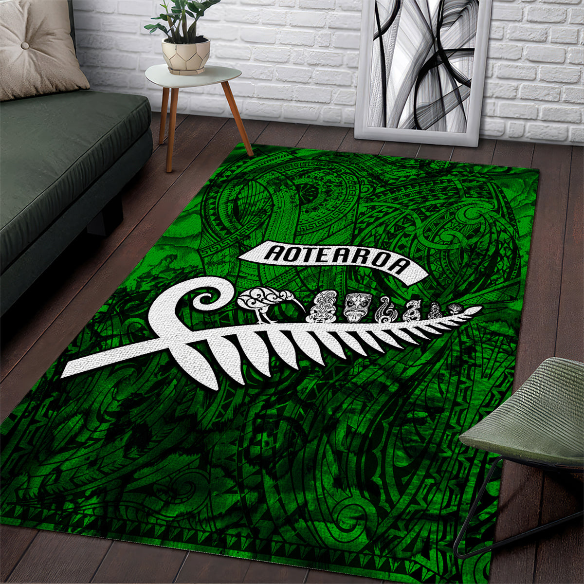 New Zealand Area Rug Silver Fern and Maori Symbols Papua Shell Green Style LT03 Green - Polynesian Pride