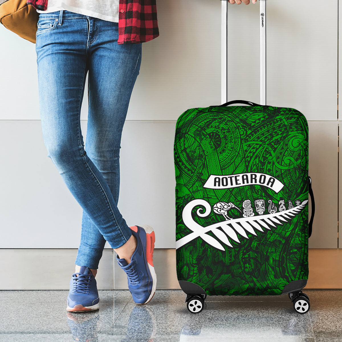 New Zealand Luggage Cover Silver Fern and Maori Symbols Papua Shell Green Style LT03 - Polynesian Pride