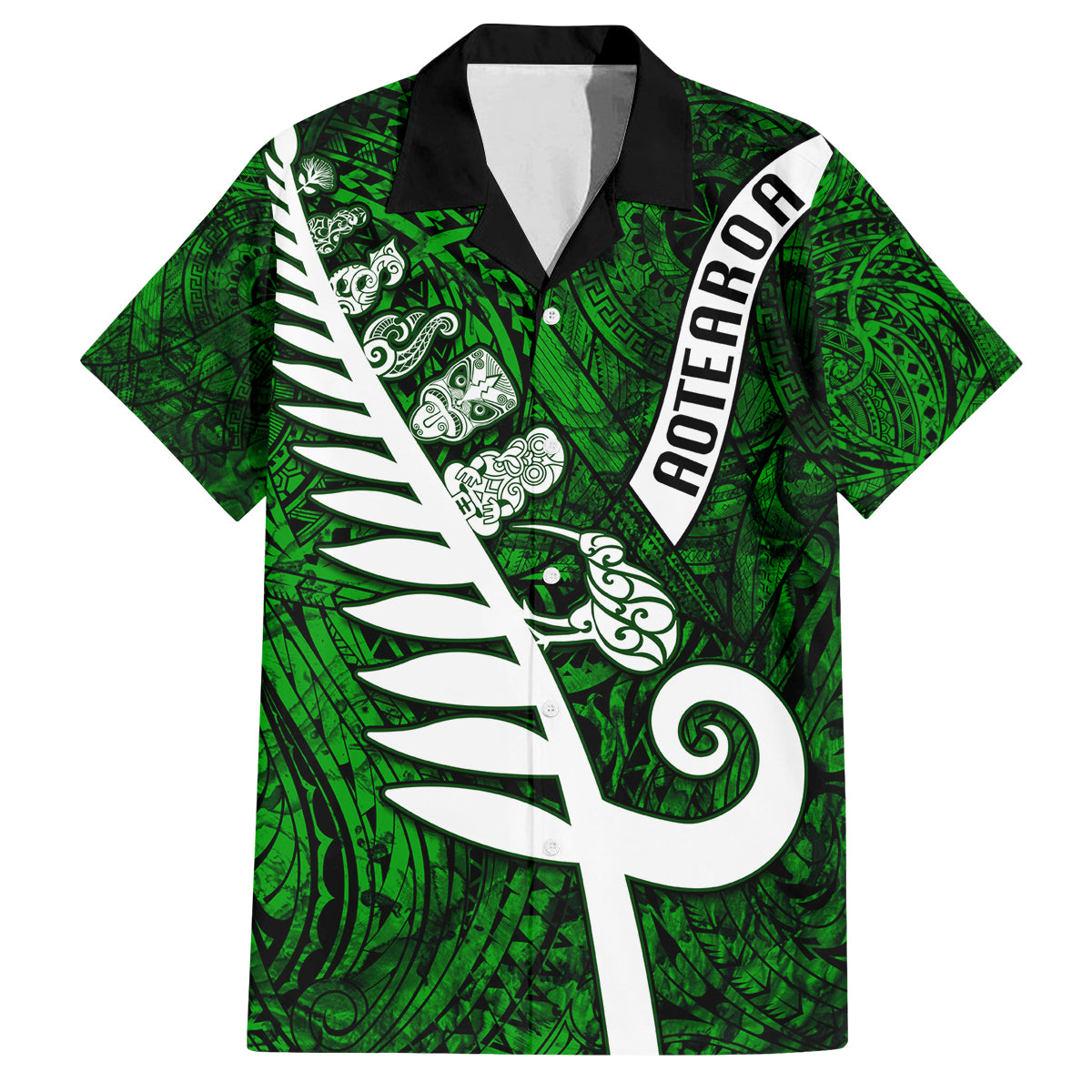 Personalized New Zealand Family Matching Tank Maxi Dress and Hawaiian Shirt Silver Fern and Maori Symbols Papua Shell Green Style LT03 Dad's Shirt - Short Sleeve Green - Polynesian Pride