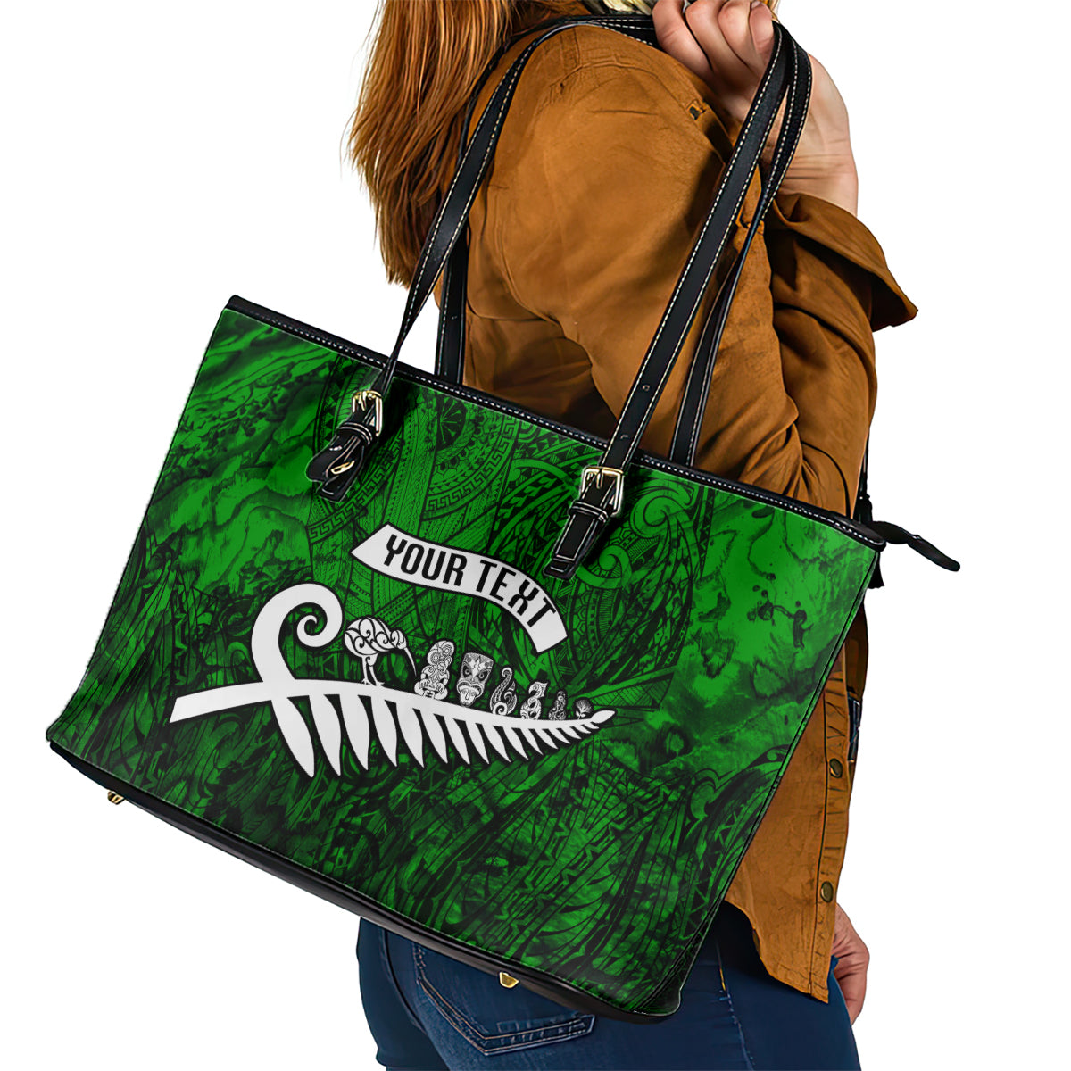 Personalized New Zealand Leather Tote Bag Silver Fern and Maori Symbols Papua Shell Green Style LT03 - Polynesian Pride