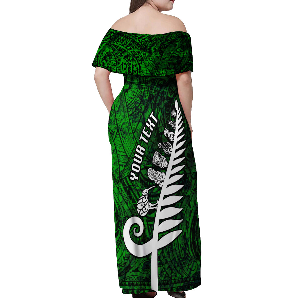 Personalized New Zealand Off Shoulder Maxi Dress Silver Fern and Maori Symbols Papua Shell Green Style LT03 - Polynesian Pride
