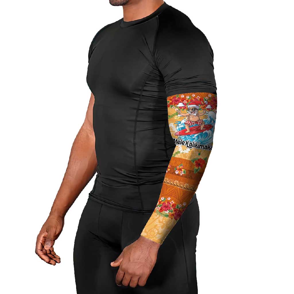 Hawaii Mele Kalikimaka Arm Sleeves Funny Santa Claus Surfing on Tropical Plants - Polynesian Pride