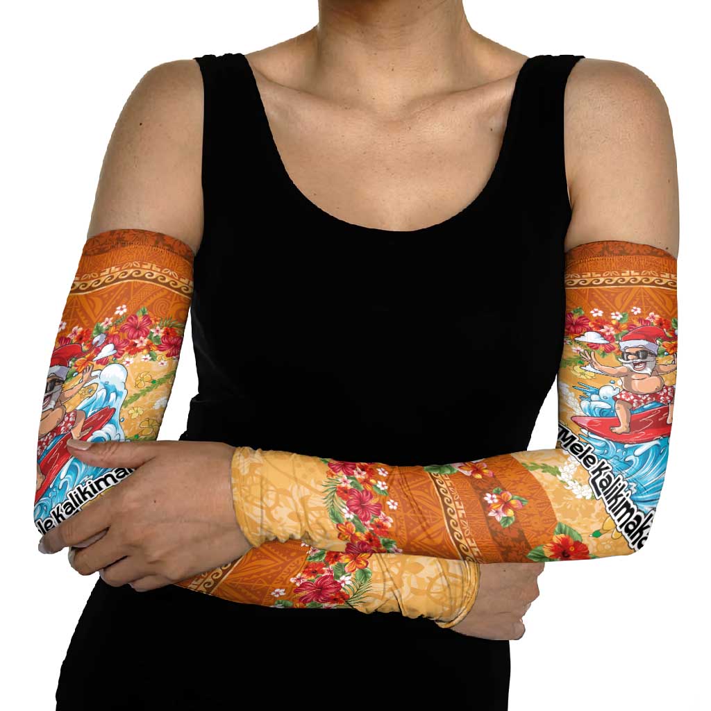 Hawaii Mele Kalikimaka Arm Sleeves Funny Santa Claus Surfing on Tropical Plants - Polynesian Pride