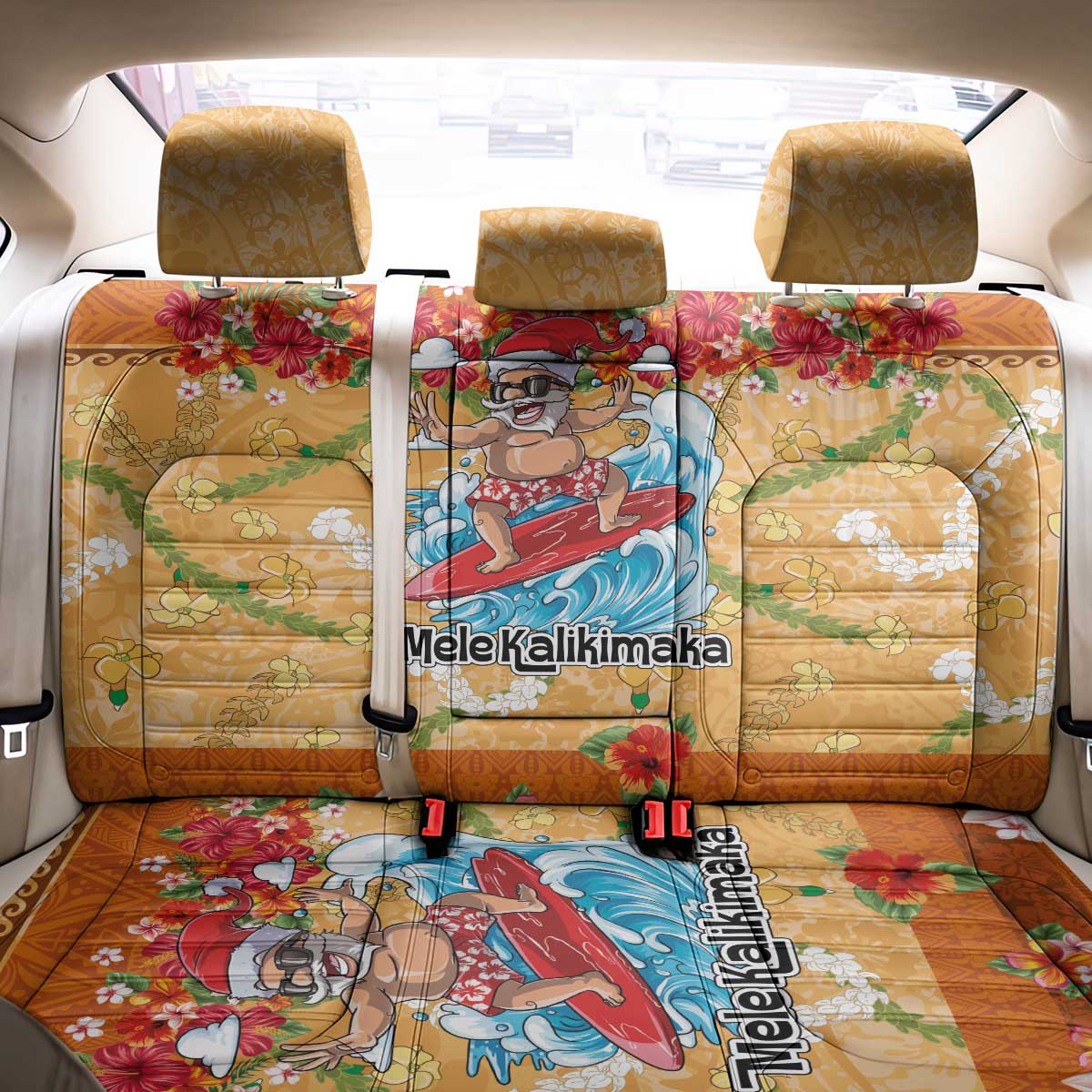 Hawaii Mele Kalikimaka Back Car Seat Cover Funny Santa Claus Surfing on Tropical Plants LT03 - Polynesian Pride