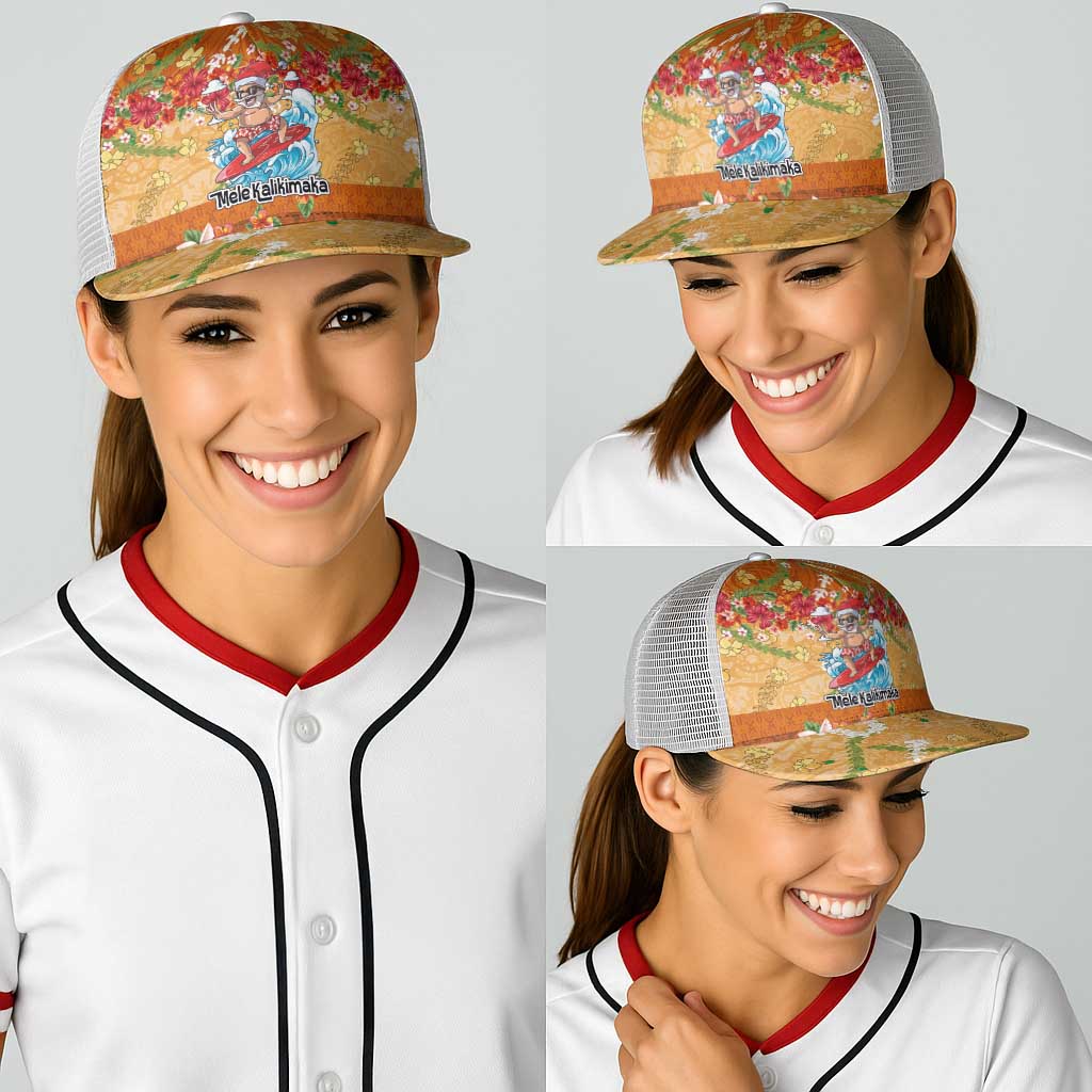 Hawaii Mele Kalikimaka Baseball Net Cap Funny Santa Claus Surfing on Tropical Plants - Polynesian Pride