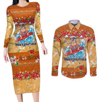 Hawaii Mele Kalikimaka Couples Matching Long Sleeve Bodycon Dress and Long Sleeve Button Shirt Funny Santa Claus Surfing on Tropical Plants LT03 Multicolor - Polynesian Pride