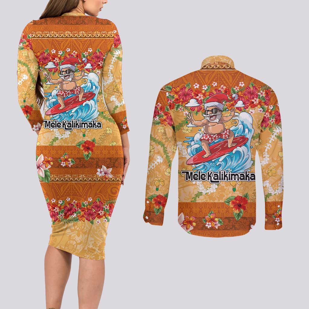 Hawaii Mele Kalikimaka Couples Matching Long Sleeve Bodycon Dress and Long Sleeve Button Shirt Funny Santa Claus Surfing on Tropical Plants LT03 - Polynesian Pride