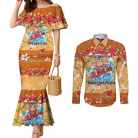 Hawaii Mele Kalikimaka Couples Matching Mermaid Dress and Long Sleeve Button Shirt Funny Santa Claus Surfing on Tropical Plants LT03 Multicolor - Polynesian Pride