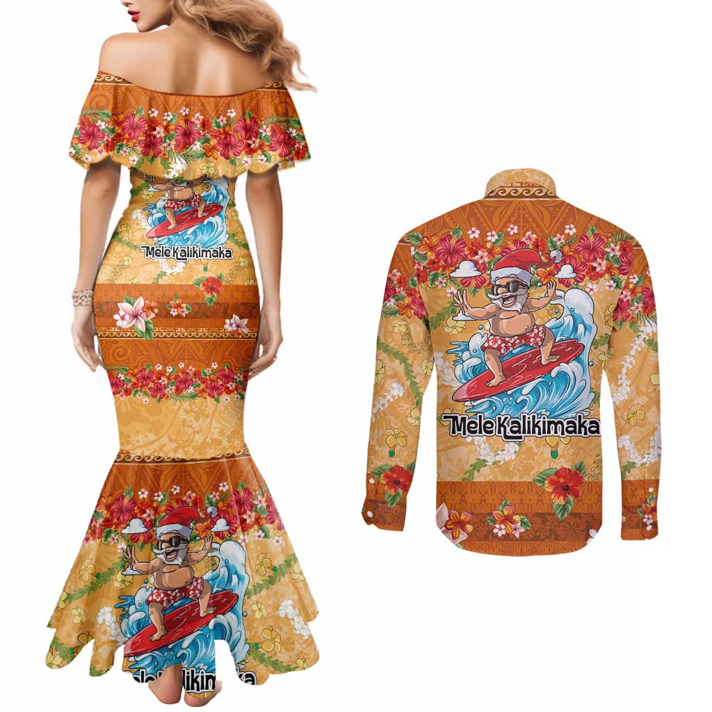 Hawaii Mele Kalikimaka Couples Matching Mermaid Dress and Long Sleeve Button Shirt Funny Santa Claus Surfing on Tropical Plants LT03 - Polynesian Pride