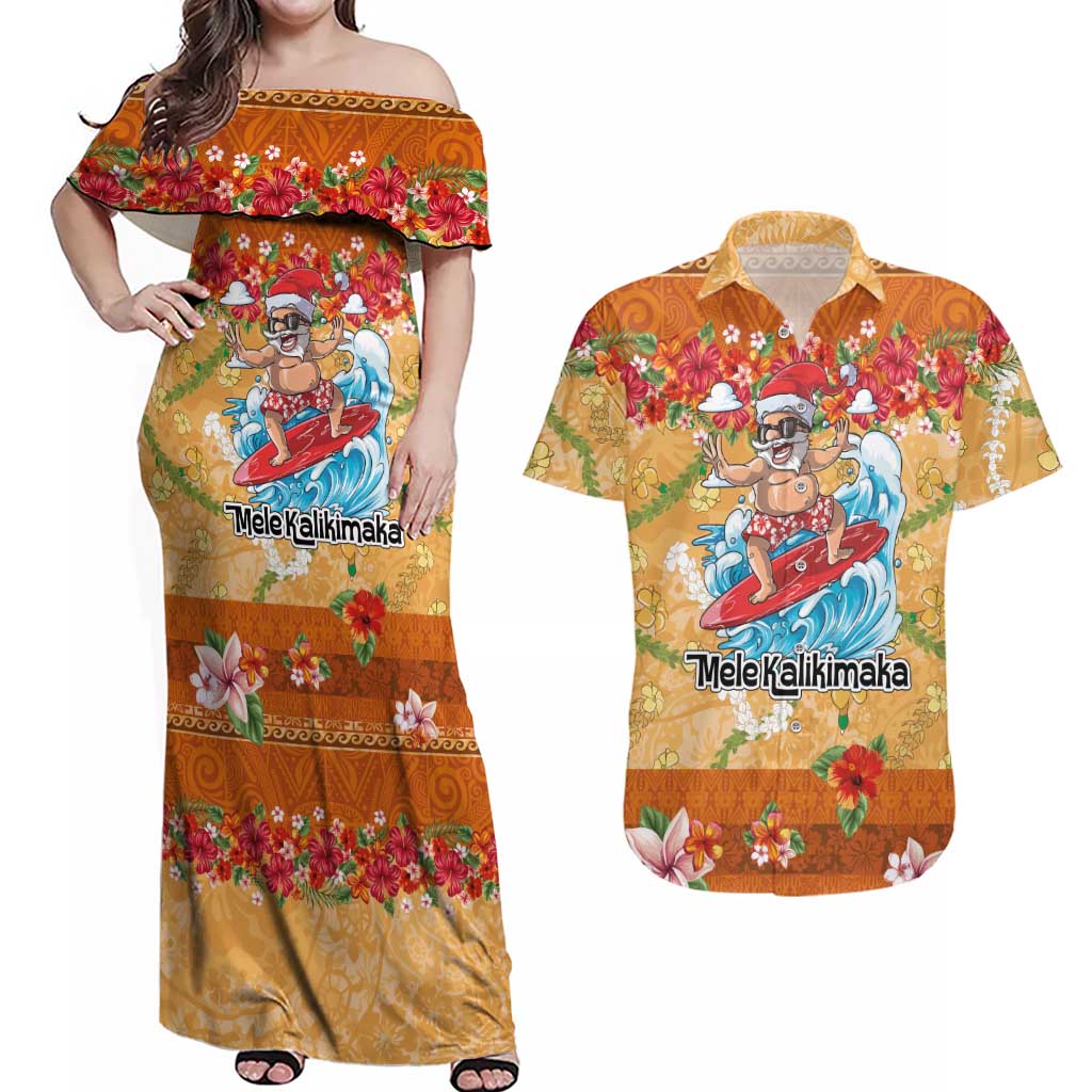 Hawaii Mele Kalikimaka Couples Matching Off Shoulder Maxi Dress and Hawaiian Shirt Funny Santa Claus Surfing on Tropical Plants LT03 Multicolor - Polynesian Pride