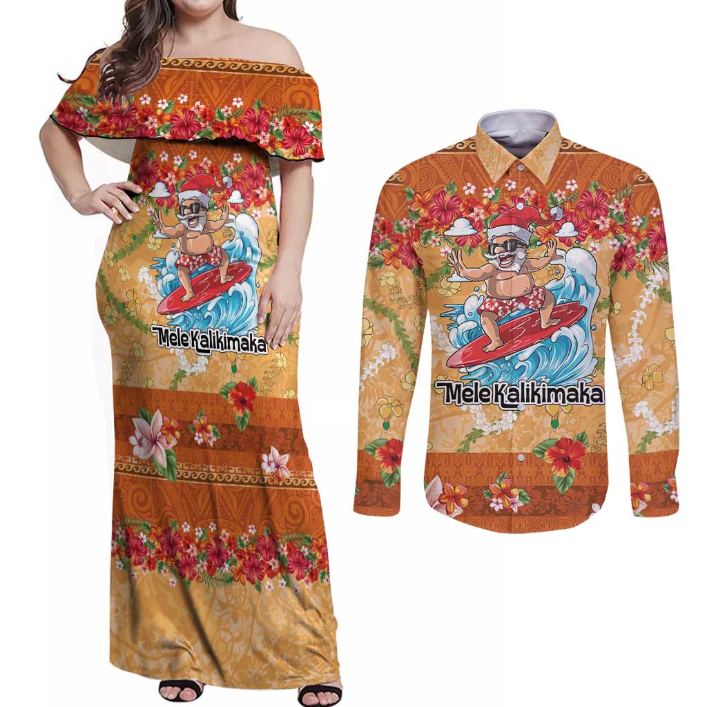 Hawaii Mele Kalikimaka Couples Matching Off Shoulder Maxi Dress and Long Sleeve Button Shirt Funny Santa Claus Surfing on Tropical Plants LT03 Multicolor - Polynesian Pride
