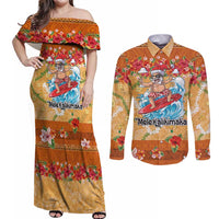 Hawaii Mele Kalikimaka Couples Matching Off Shoulder Maxi Dress and Long Sleeve Button Shirt Funny Santa Claus Surfing on Tropical Plants LT03 Multicolor - Polynesian Pride